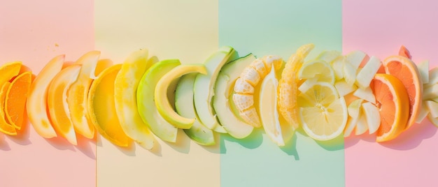 Photo a visually striking photo of various sliced fruits laid out in a gradient of colors creating a vibrant summery feel