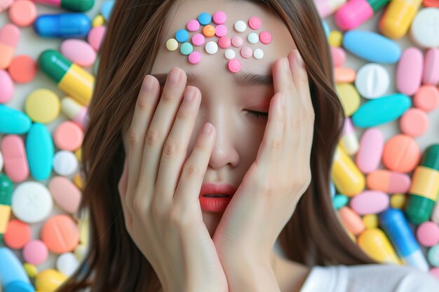 Photo visually striking portrayal of a woman overwhelmed by medication symbolized by colorful pills on he