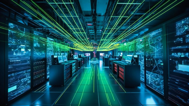 A visually stunning and immersive glimpse into a stateoftheart data center with abstract digital elements