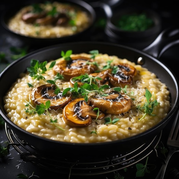 A visually stunning risotto dish with mushrooms and a touch of parsley