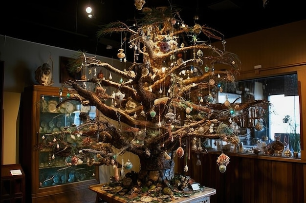 Visually stunning and unique tree with unusual ornaments and decorations