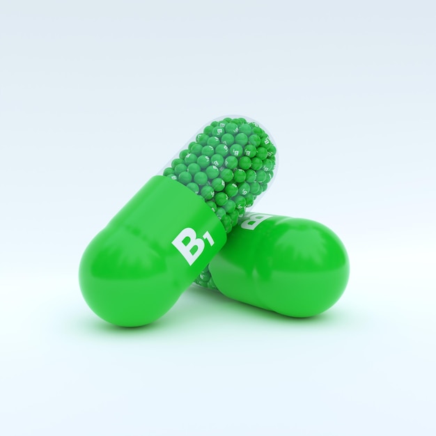 Vitamin B1 With Green Capsule Granules and White Background