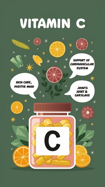 Photo vitamin c benefits jar of tablets and speech bubble