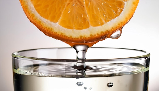 vitamin c drops dripping from an orange slice into a glass of water capturing health benef