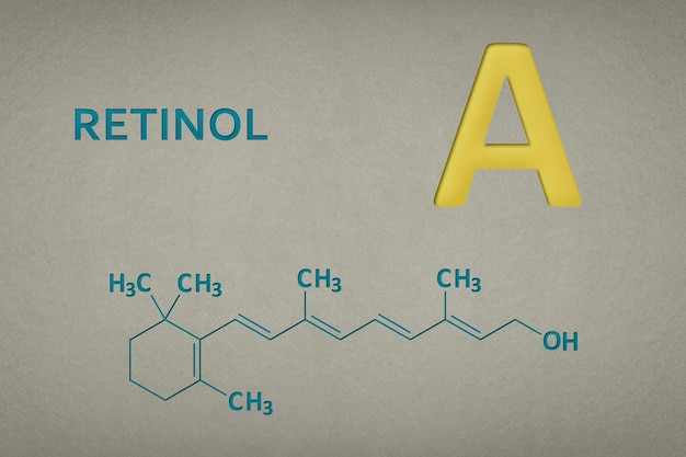 Vitamin a retinol d molecule on paper texture background skeletal formula of vitamin a recessed text