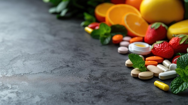 Vitamins and fruits on a dark textured background