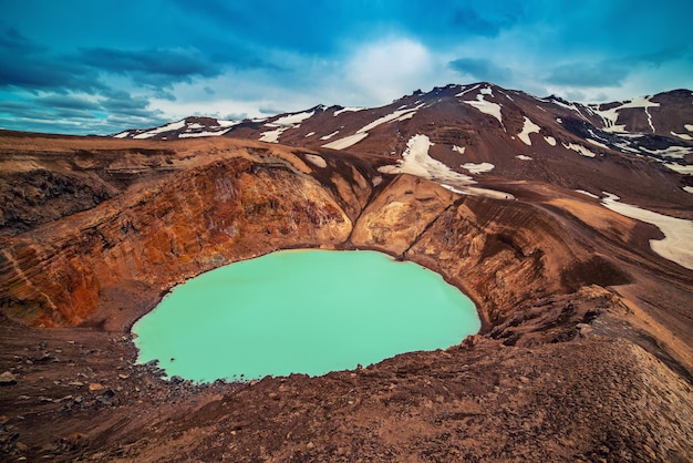 Viti sulfur blue lake in caldera of Askja volcano crater in Iceland, travel north landscape. Panoramic view