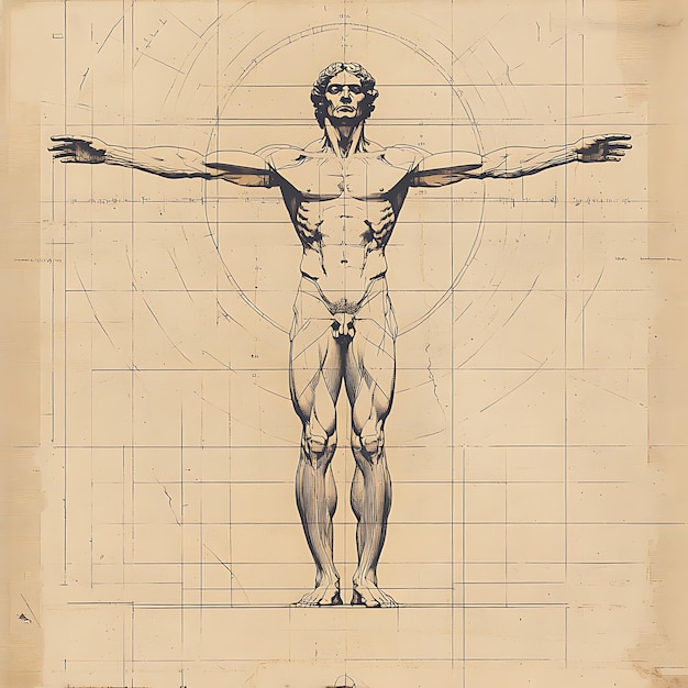 The Vitruvian Man with hand draft drawings