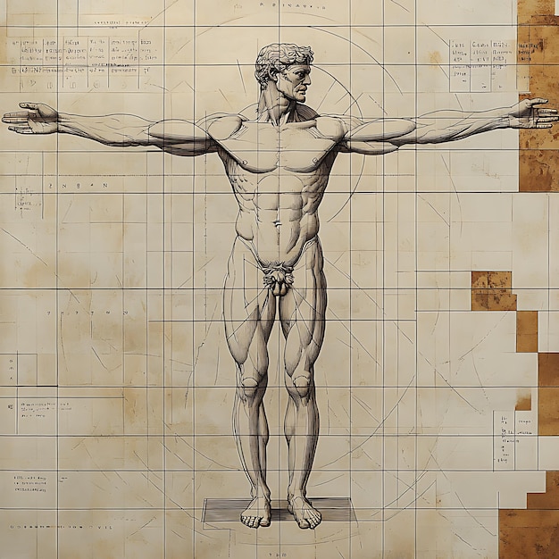 Photo the vitruvian man with hand draft drawings