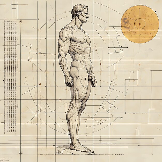 Photo the vitruvian man with hand draft drawings