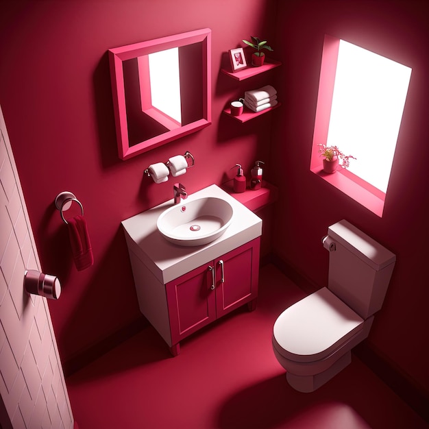 Viva Magenta bathroom interior color of the year 2023. Template modern, crimson red burgundy color.