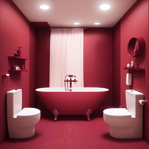 Viva Magenta bathroom interior color of the year 2023. Template modern, crimson red burgundy color.