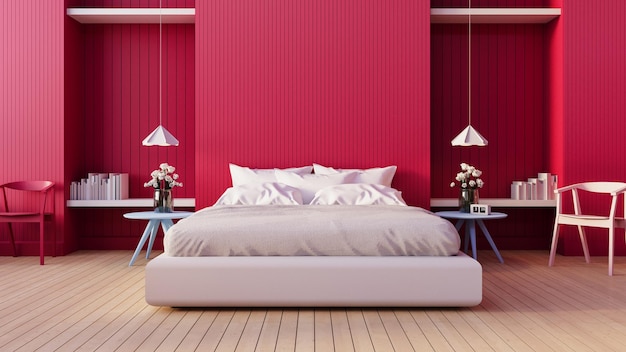 Viva Magenta bedroom interior color of the year 2023 - 3D rendering