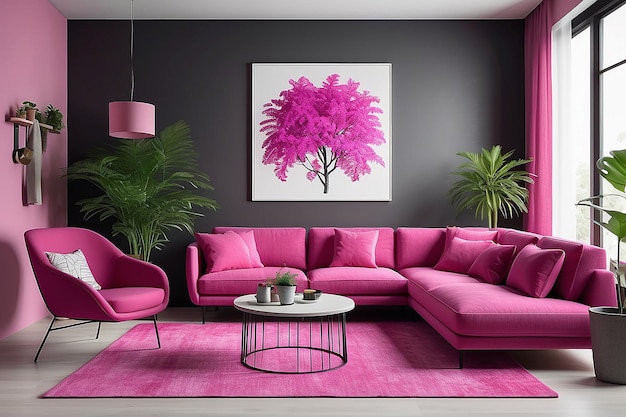 Viva magenta is a trend colour year 2023 in the living room with furnitures and chair plant pot