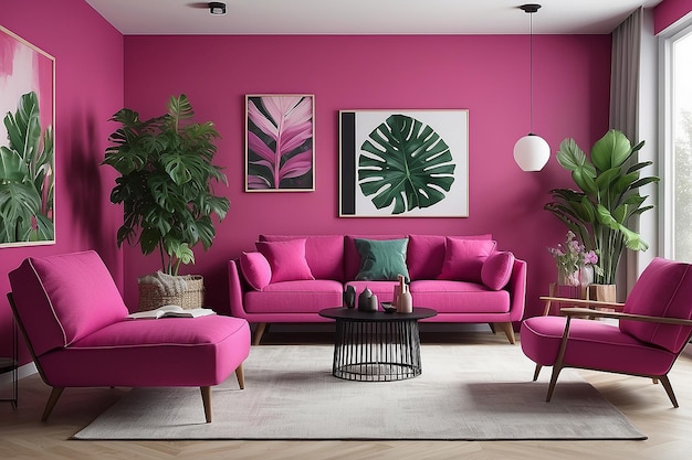 Viva magenta is a trend colour year 2023 in the living room with furnitures and chair plant pot