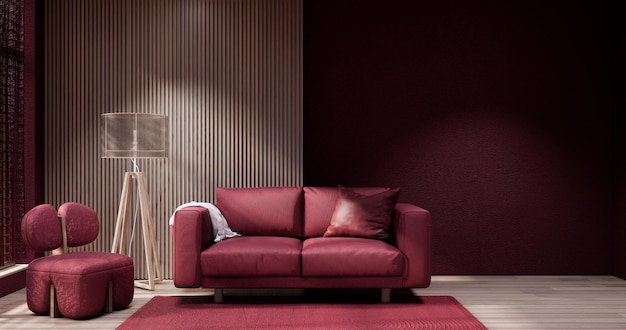 Viva magenta Living room with red wall and armchair japandi style