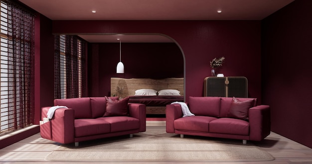 Viva magenta Living room with red wall and armchair japandi style