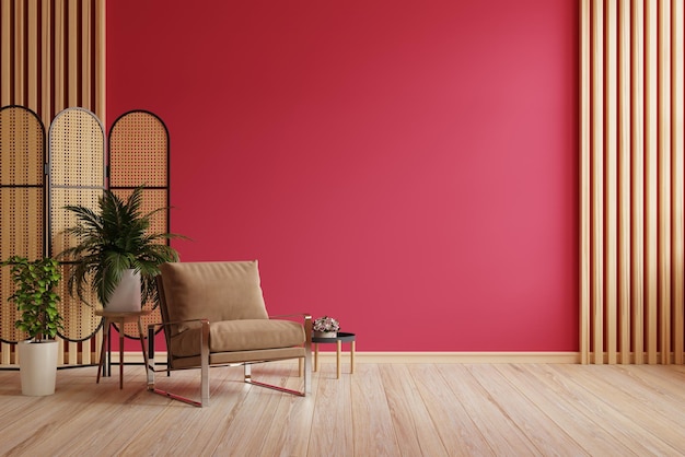 Viva magenta wall background mockup with armchair furniture and decor of the year 2023