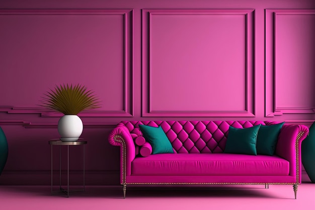 Viva magenta wall background mockup with sofa furniture and decor