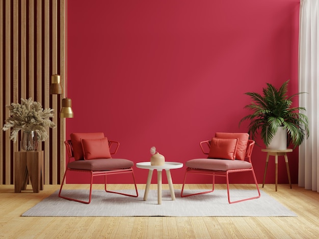 Viva magenta wall background mockup with two armchair furniture and decor accessories