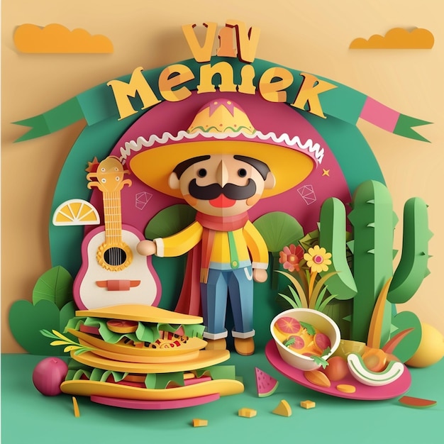 Photo viva mexico paper cut banner with tex mex cuisine