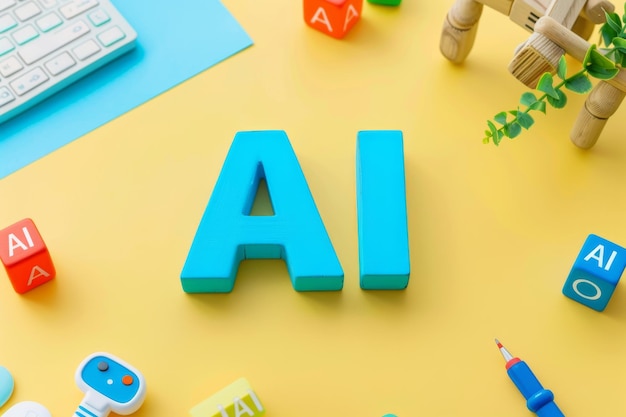 Vivid AI concept with bold blue letters and miniature figures working on technology emphasizing te