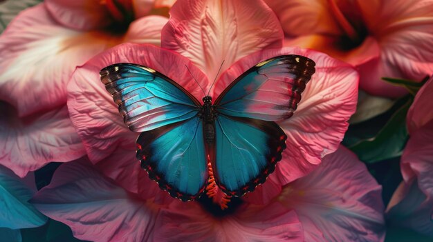 Photo a vivid blue morpho butterfly resting on pink flower petals