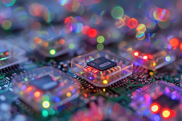 Vivid bokeh lights surround a microchip on a circuit board highlighting technologys magic