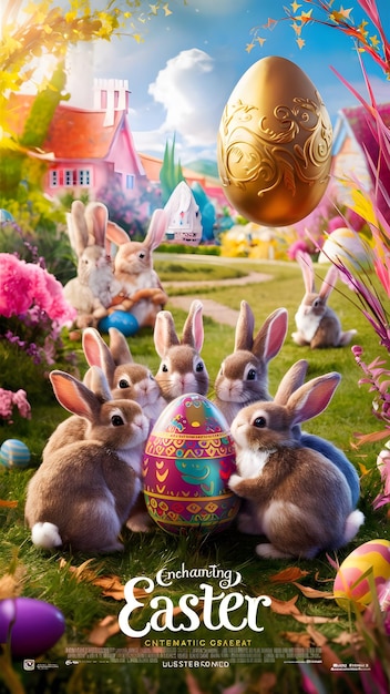 A vivid and captivating cinematic Easter scene poster showcasing a lush green landscape adorned wi