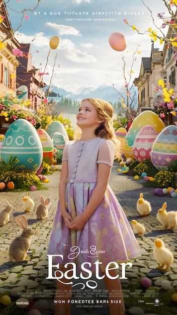 A vivid and captivating cinematic Easter scene poster showcasing a lush green landscape adorned wi