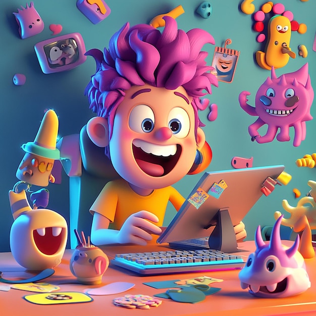 Photo vivid cartoon character at computer covered in 3d prints and stickers