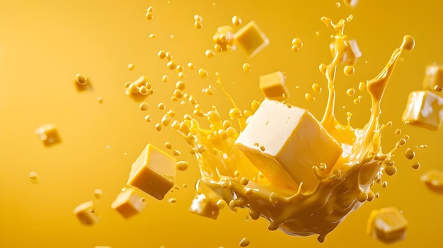 Vivid Cheddar Cheese Sauce Splash in Striking Abstract Yellow Background