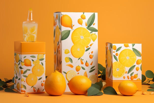 Photo vivid citrus motifs on cosmetic packaging mockup