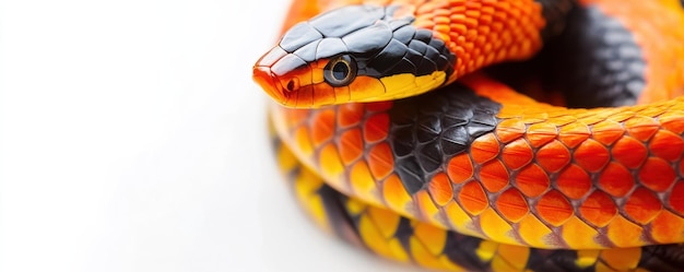 Photo vivid closeup of a brightly colored coral snake showcasing intricate patterns and vibrant hues against a plain background