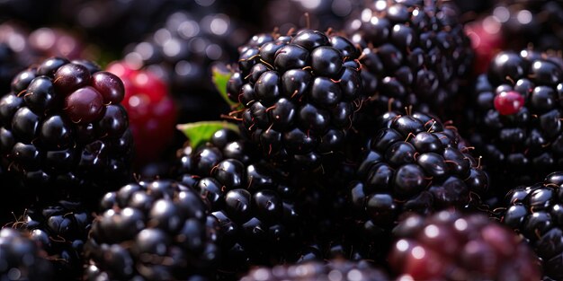 Vivid closeup of juicy blackberries showcasing their deep purple hue and intricate detail AI Generative