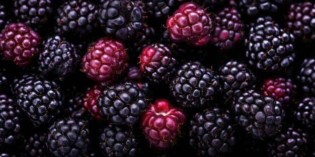 Vivid closeup of juicy blackberries showcasing their deep purple hue and intricate detail Created with generative AI tools