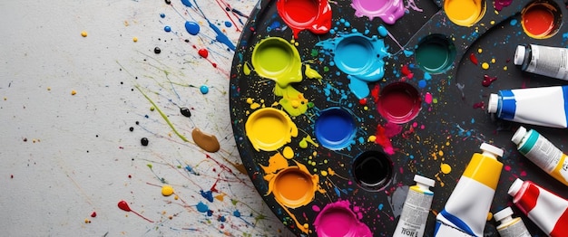 Photo a vivid collection of paint tubes displayed artistically on a splattered canvas