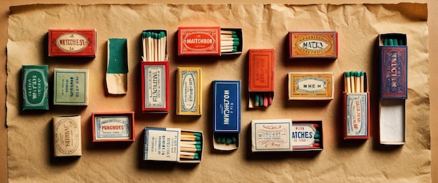 Photo a vivid collection of vintage matchboxes arranged on aged paper