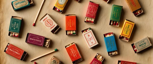 A vivid collection of vintage matchboxes arranged on aged paper