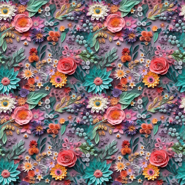 vivid color paper art floral botanical seamless pattern