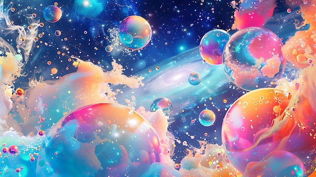 Vivid and colorful bubbles float through a starry space background