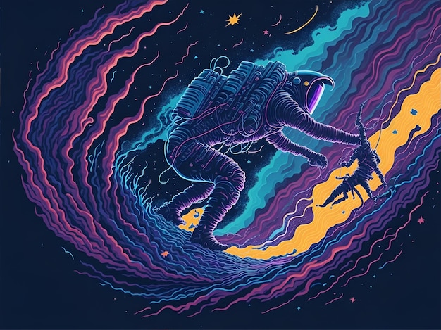 Vivid colorful illustrations of astronauts in space surfing on surfboard waves of galaxies