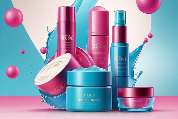 Vivid cosmetic brochure design skincare and makeup products on geometric background magazine