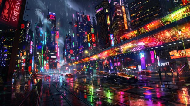 Vivid cyberpunk cityscape at night with glowing neon lights futuristic buildings and rainy streets reflecting vibrant colors