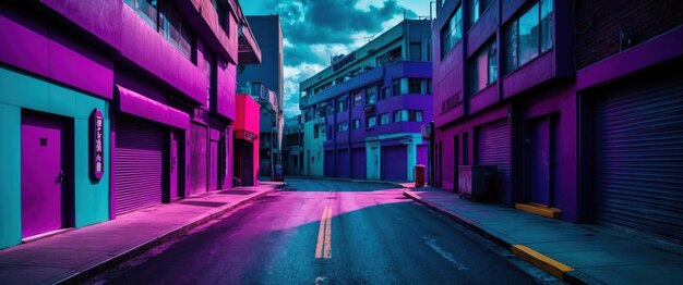 Photo a vivid cyberpunk streetscape in purple and teal ideal for futuristic concepts