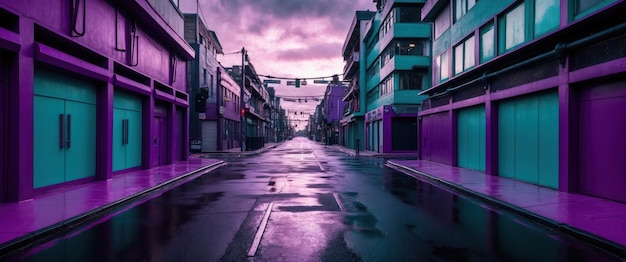 Photo a vivid cyberpunk streetscape in purple and teal ideal for futuristic concepts