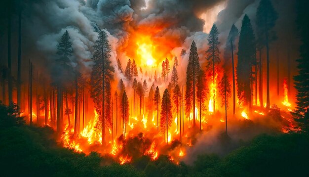 Photo a vivid depiction of a wildfire burning through a natural landscape