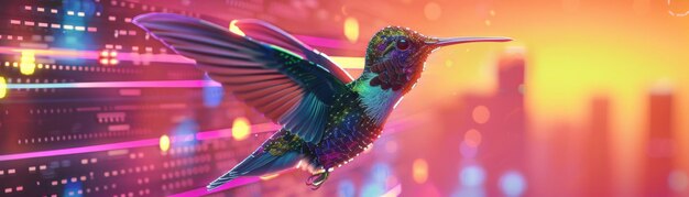 Photo vivid digital illustration of a hummingbird in flight against a neon cityscape background with motion blur effects and vibrant colors