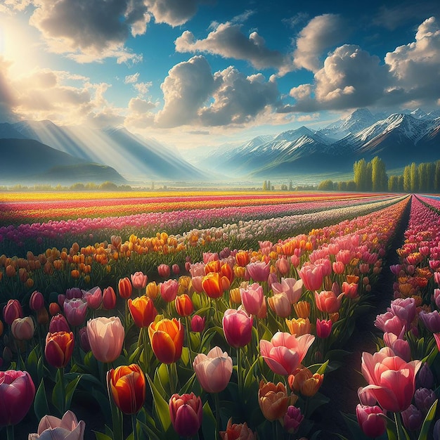 Vivid Dreamscape Mesmerizing Tulips Dance Beneath Azure Skies