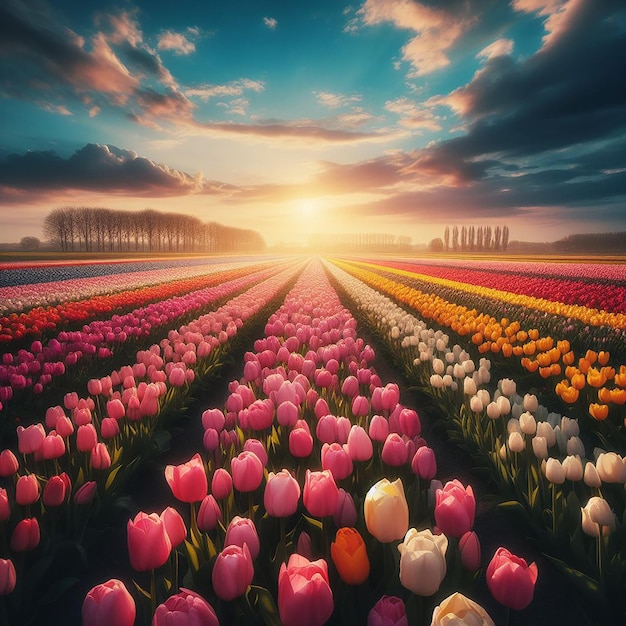 Vivid Dreamscape Mesmerizing Tulips Dance Beneath Azure Skies